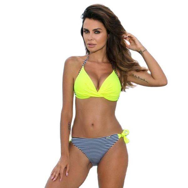 

women's swimwear 2021 blue striped women contrast color swimsuits beach bathing suit halter bandage two piece push up bow-knot bikinis, White;black