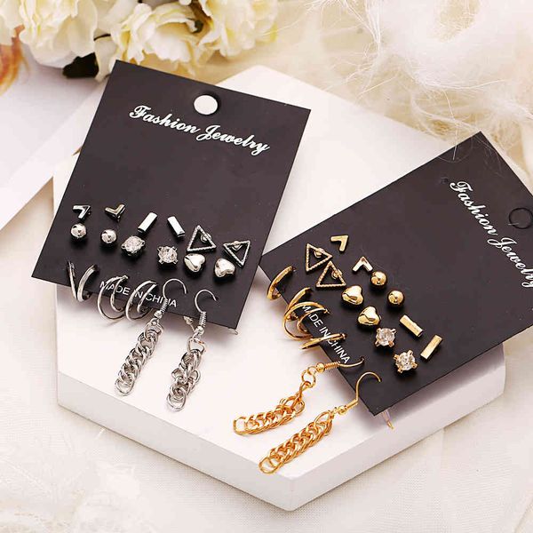 

charms earrings geometric set , 9 pairs, creative simple heart-shaped inlaid diamond, Golden