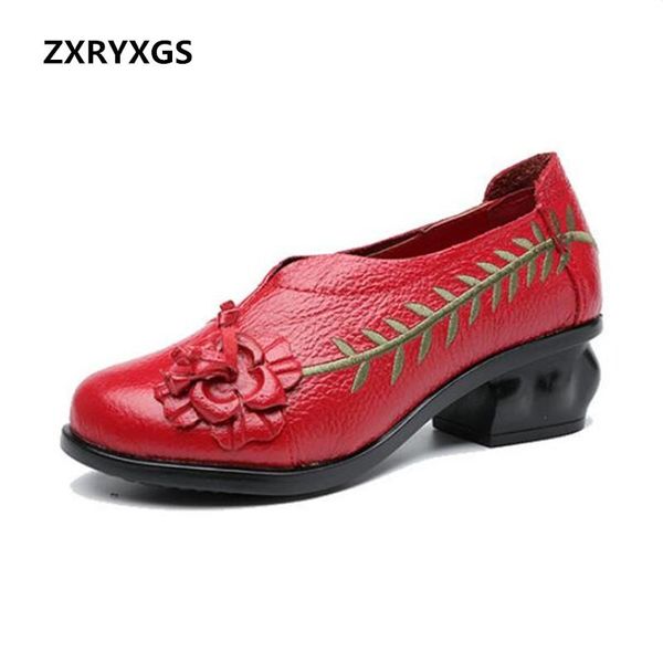 

dress shoes 2021 spring retro embroidery genuine leather fashon high-heeled woman casual thick with 5 cm mother, Black