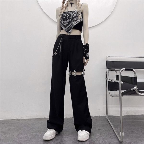 

women's pants & capris houzhou fashion high waist wide leg cargo women gothic hollow out harajuku black trousers hip hop loose korean s, Black;white