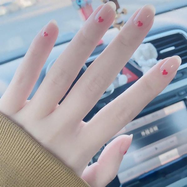 

24pcs fashion natural nude color heart pattern decorative fake nails with glue suitable girl wearable short press on nail tips1, Red;gold