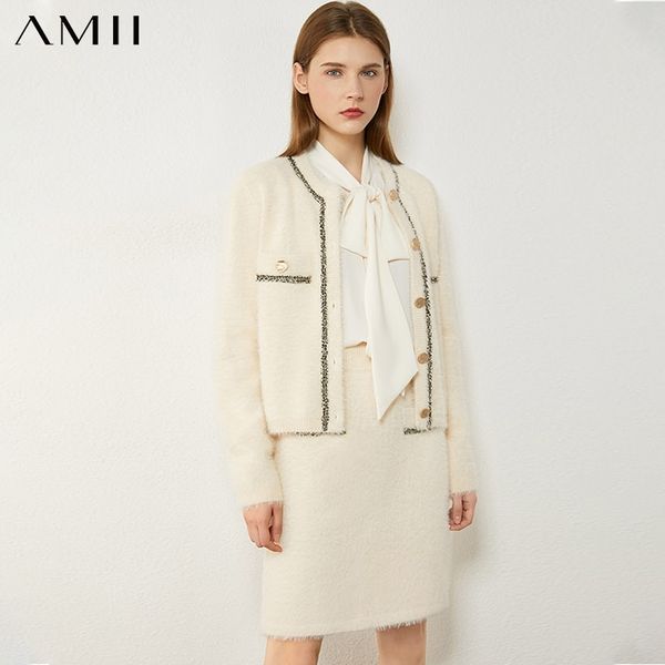 

amii minimalism autumn winter fashion suits for women vintage tweed jacket high waist aline skirt suit female 12030570 210407, White