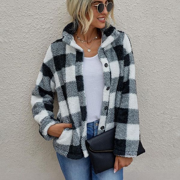 

women's jackets woman winter coats 2021 fashion plaid faux fur plush teddy bear stand collar for women casual pocket autumn coat female, Black;brown