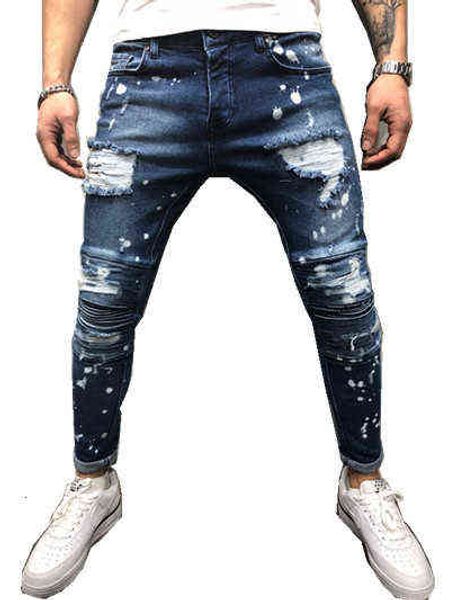 

men's jeans men's slim hole fold throw little feet men's jeans fashion, Blue