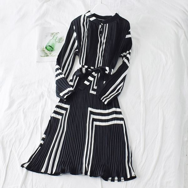 

women's pleated shirt dress striped belt 2020 summer simple print patchwork long-sleeved midi long dress bandage vestidos ls297 x0521, Black;gray
