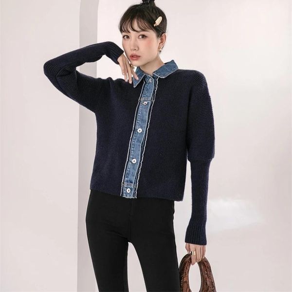 

women's knits & tees [ewq] versatile long sleeve patchwork black denim knitted cardigan sweater coat 2021 autumn women loose single bre, White