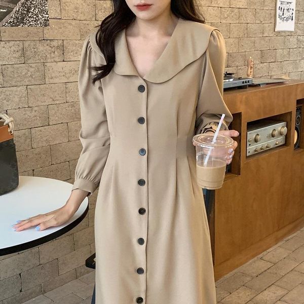 

casual dresses 2021autumn spring french lapel western style clouds collar single-breasted draw back thin puff sleeve long dress vestidos, Black;gray