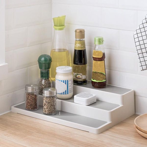 

hooks & rails 3 layers kitchen shelf stepped cabinet organizer table spice condiment jar storage rack cosmetics finishing accessories