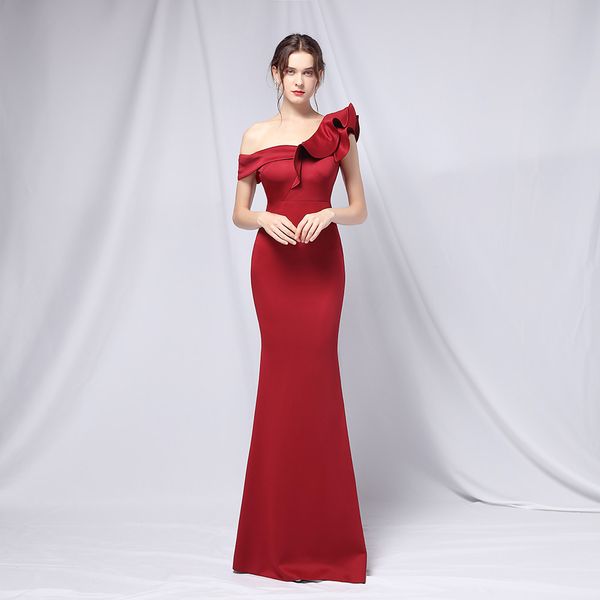 

one shoulder banquet evening dresses long 2021 for women elegant satin zipper back prom party gowns vestidos white dress, Black;red