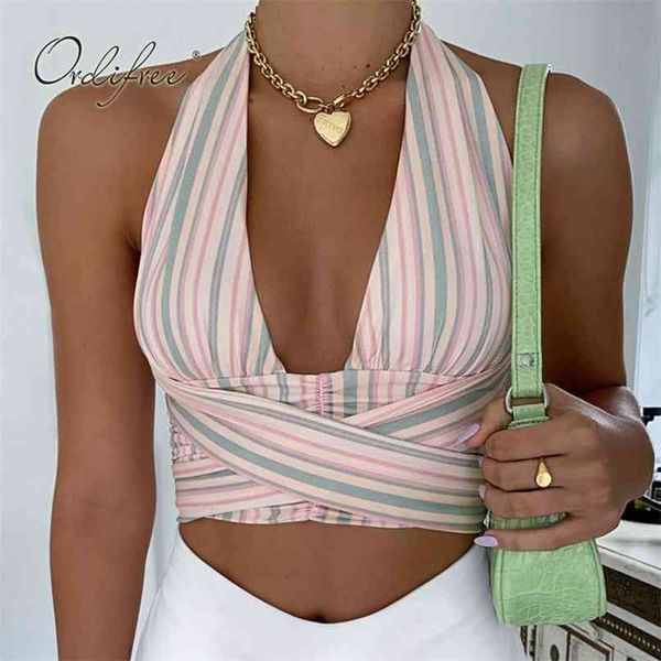

summer women striped tank halter camisole backless plaid short camis 210513, White