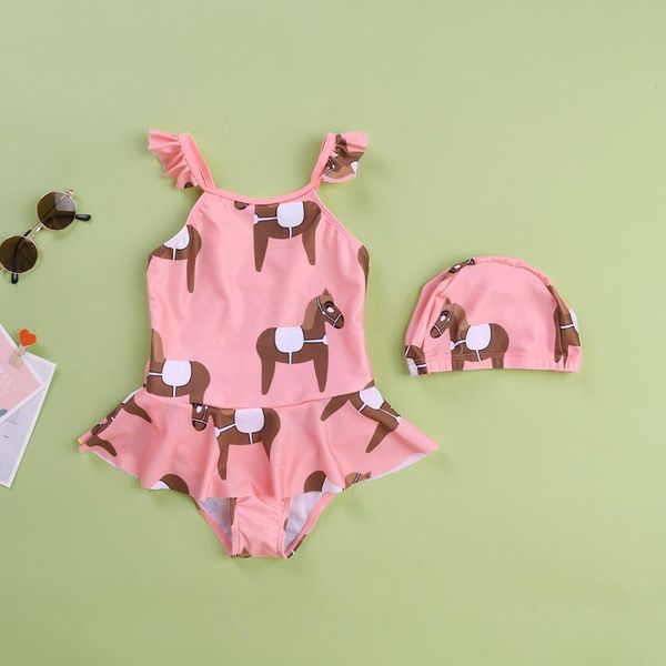 

one-piece suits child girls ruffle trojan two pieces suit with cap swimwear kids upgraded elastic beachwear bathing pool swimsuit s91020x