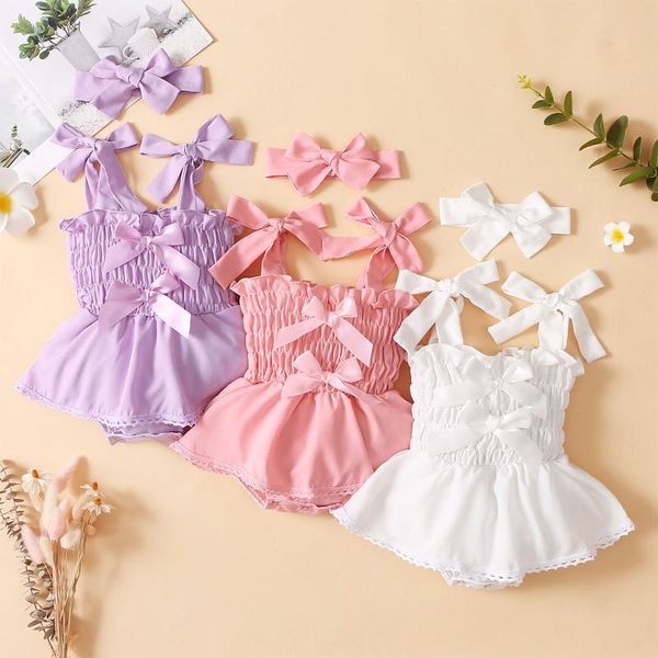 Rompers Baby Girls Двухсевная одежда набор сплошной цветной лодки шеи рукавов ползун и головной убор Дышащий летний трексуит одежды 2021