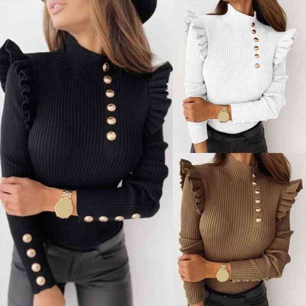 

autumn winter women long sleeve sweater rib blouse turtleneck buttons ruffle womens clothing pull femme, White;black