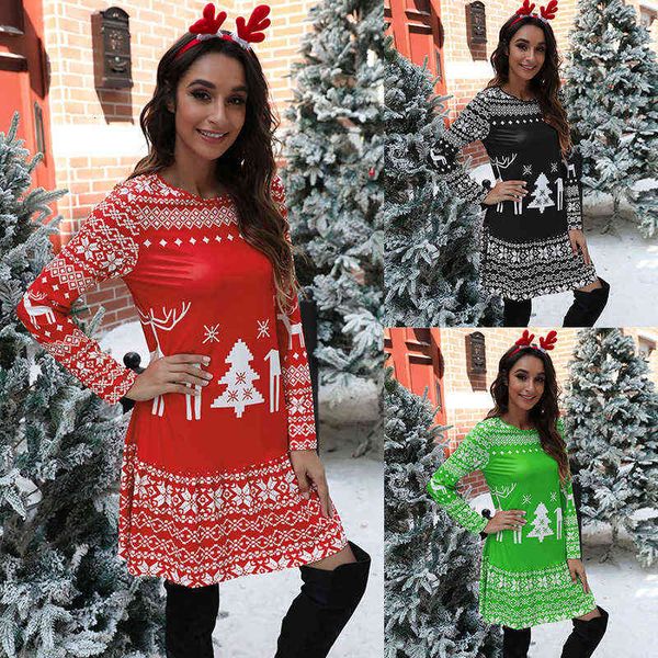 

casual dresses women's slim long sleeve christmas print skirt, Black;gray