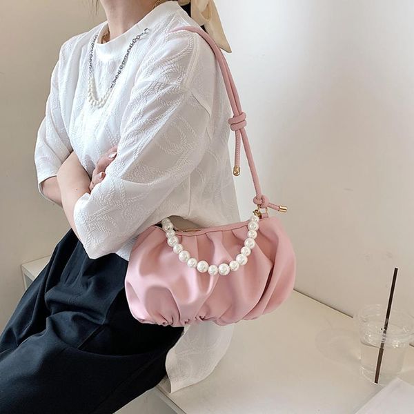 

evening bags vintage women summer pu leather pleated shoulder crossbody messenger bag casual ladies solid color pearl chain small purse