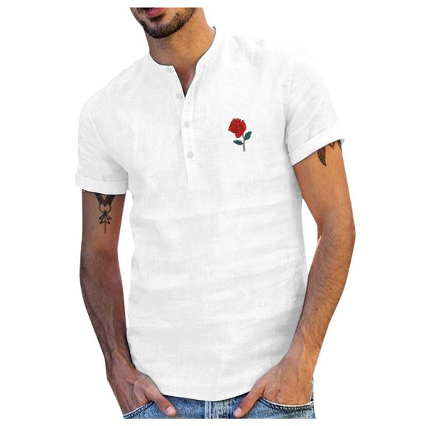 

men's casual shirts summer men short sleeve rose printing brand male vintage simple slim fit camisa masculina streetwear, White;black