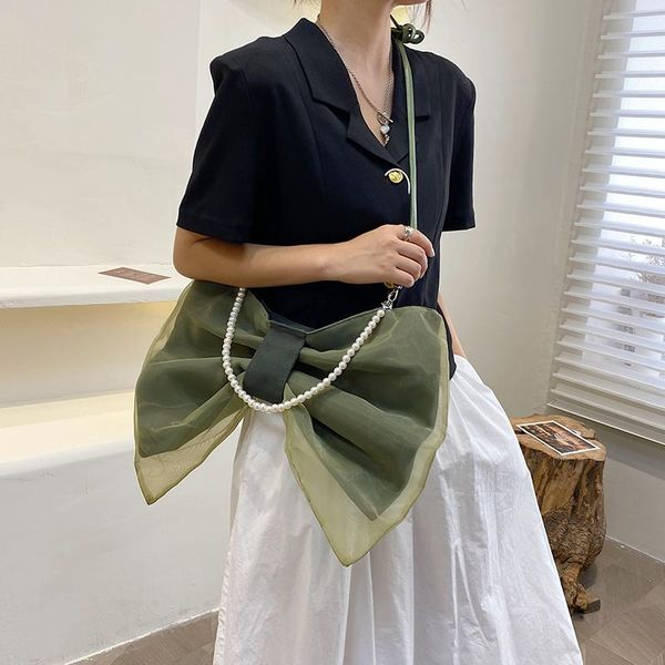 

evening bags personalized net yarn bow bag women's shoulder crossbody design folds armpit female luxury pearl chain handbag and purse