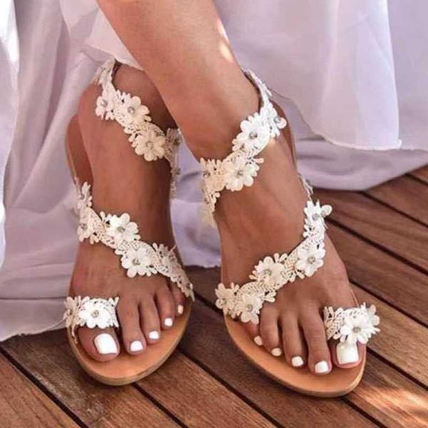 

sandals women flat slip on white flower beaded bohemian summer women's shoes beach plus size 35-43 wsh3879, Black
