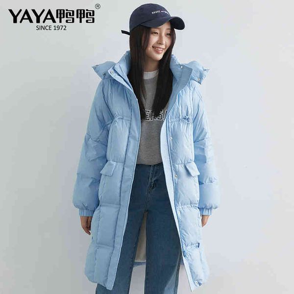 

yaya winter women's long hooded down coat 90% white duck down jacket thicken warm casual windproof outerwear 211130, Black