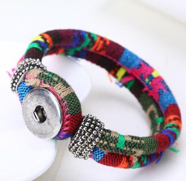 

2021 bohemian multicolor cotton cords bracelets silver color ethnic wrap noosa snap button jewelry women accessories pulseras mujer, Golden;silver