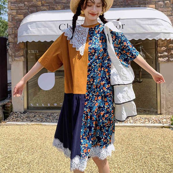 

21 summer fashion elegant temperament traveling lace print dress pastoral style stitching asymmetrical design 16f1135 210510, Black;gray