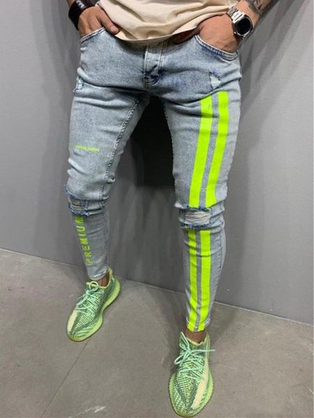 

men's jeans skinny ripped slim-fit locomotive pencil pants side stripe letter printing streetwear party date denim costume men, Blue
