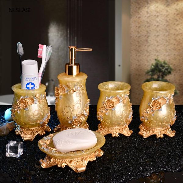 

bath accessory set european golden rose flower ceramic bathroom tooth brush holder lotion bottle soap box mouth cup decor accessories