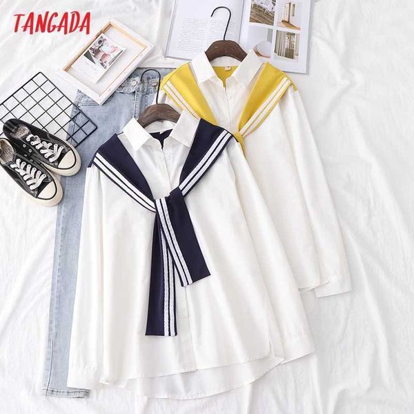

tangada women vintage bow decorate white shirt long sleeve chic female casual loose shirt bao53 210609