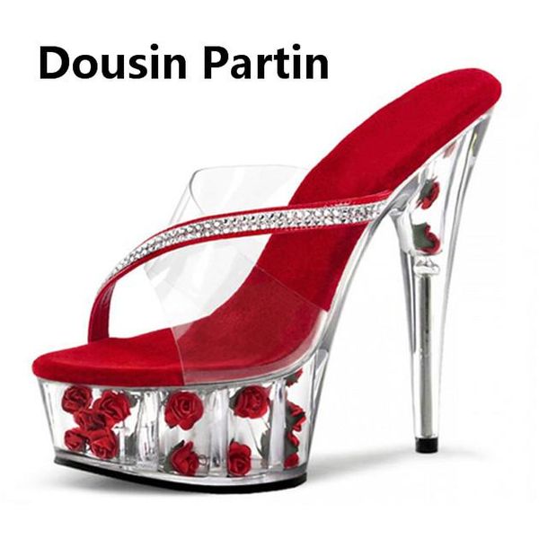 

latest sandals shoes women rose pvc clear transparent strappy crystal rhinestone pumps slippers fashion wedding, Black