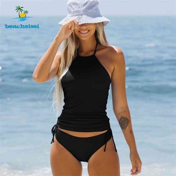 

beachsissi women's halter neck multicolortankini set cute girl bikini drawstring swimsuit 2 piece bathing swimwear 210714, White;black