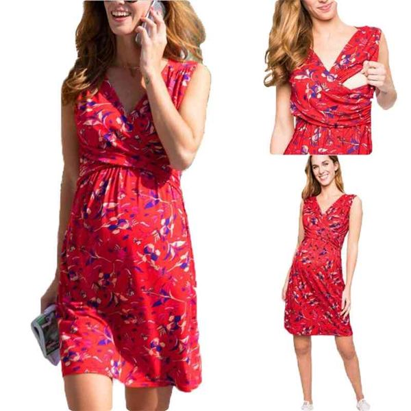 

fashion pregnant dress sleeveless v-neck print maternity nursing q0811 210721, White
