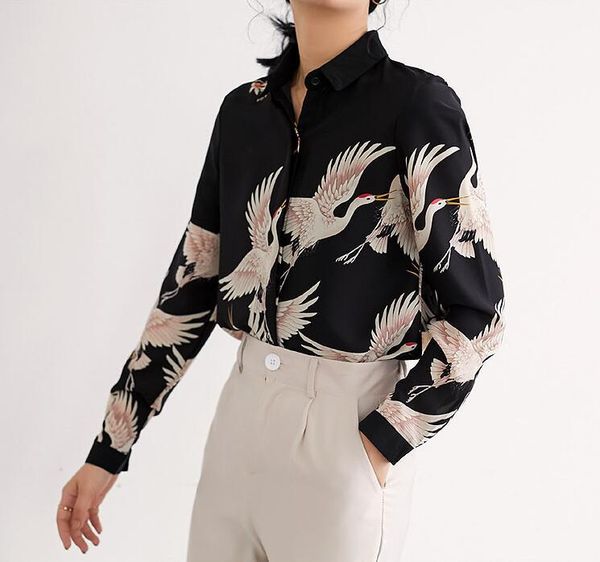 

print black summer vintage chic crane printed fashion women clothing blouses shirts long sleeve chiffon loose femme, White