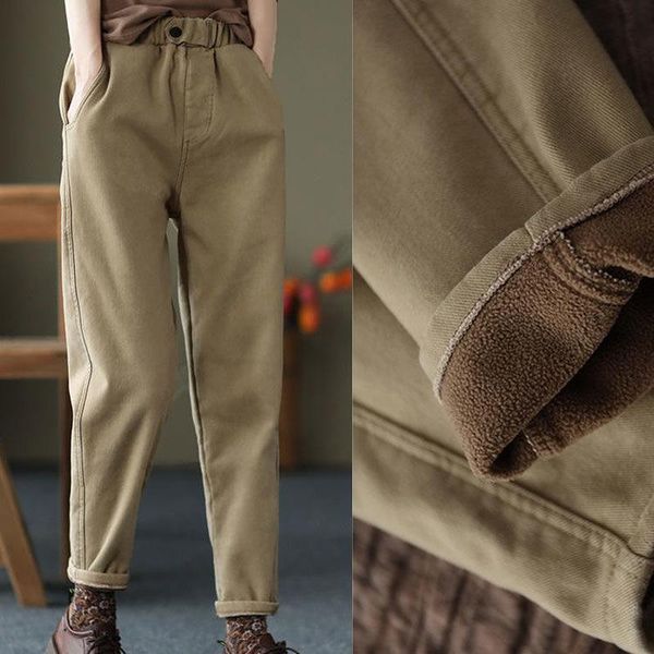 

women's pants & capris harem washed pure cotton casual 2021 autumn and winter elastic waist plus velvet outer wear trousers, Black;white