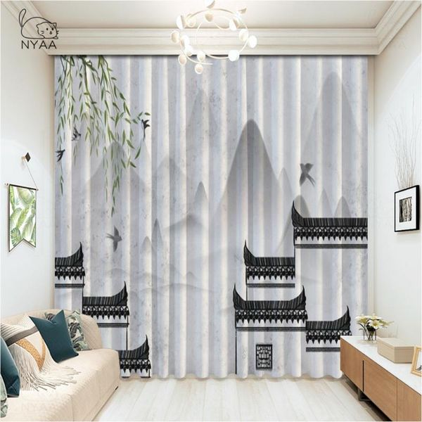 

ink and wash landscape painting curtains bedroom french window on the door cafe decoration curtain hooks micro shading & drapes