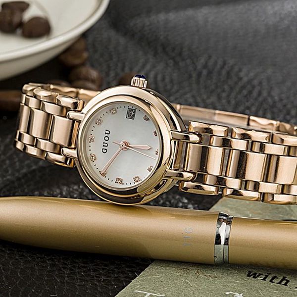 

wristwatches fashion guou ladies small dial exquisite simple leisure gold steel watch display calendar casual gift, Slivery;brown
