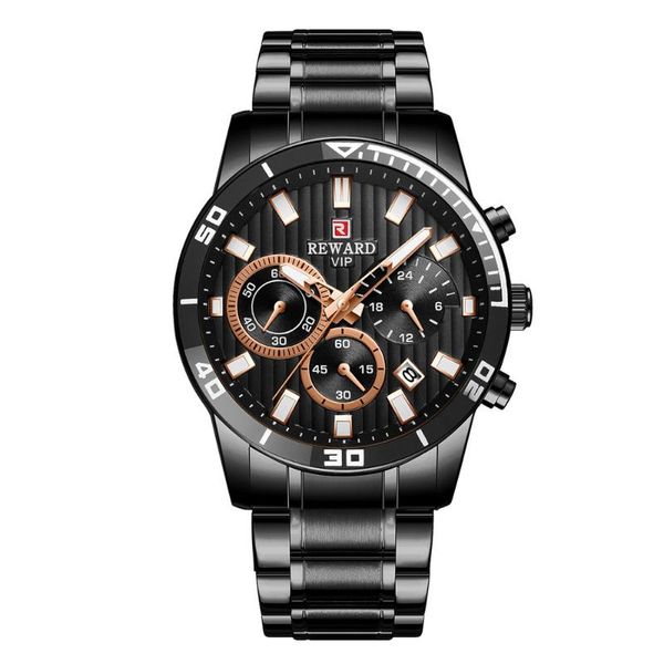 

wristwatches reward men quartz watch movement 30m waterproof male fashion wristband stainless steel strap time calendar display box packaged, Slivery;brown