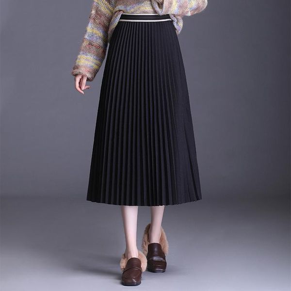 

autumn winter women's skirts korean style high-waisted thin woolen pleated, Black