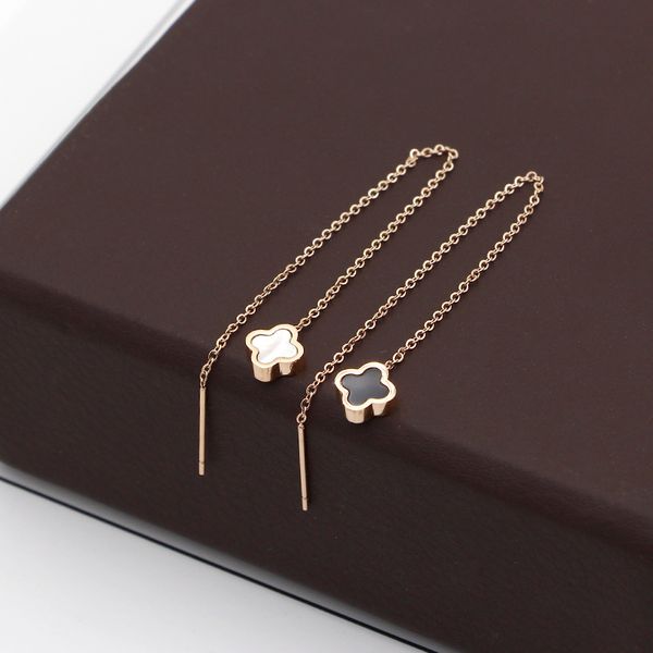 

e3-404a japanese korean black and white double sided shell mini four leaf ear thread rose gold female titanium steel earrings, Golden