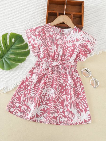 

toddler girls tropical print petal sleeve belted dress she, Red;yellow