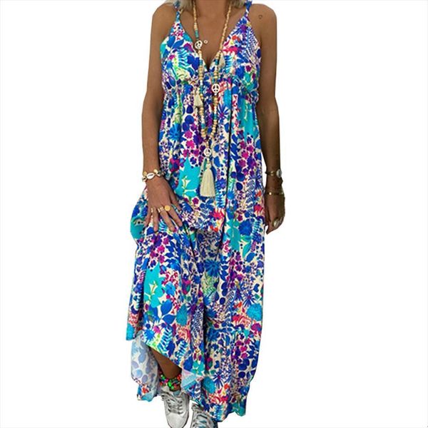 

bohemian v neck flower womens dresses print loose sleeveless casual beach maxi dress, Black;gray