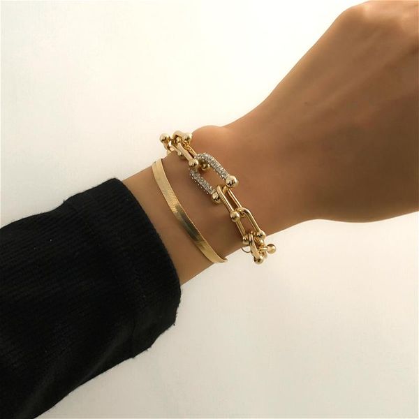 

link, chain trend multilayer gold color bracelet for women jewelry vintage rhinestone u-shaped snake bracelets bangles, Black