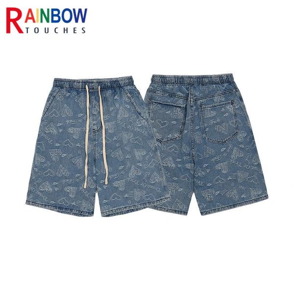 

men's shorts rainbowtouches 2021 fashion street hip hop full printing paisley denim loose half, White;black