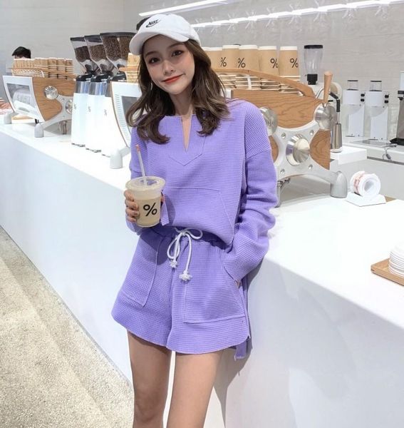 

women's tracksuits korea loose solid pullover long sleeve irregular & lace up waist wide leg shorts two piece set knitwear suits, Gray