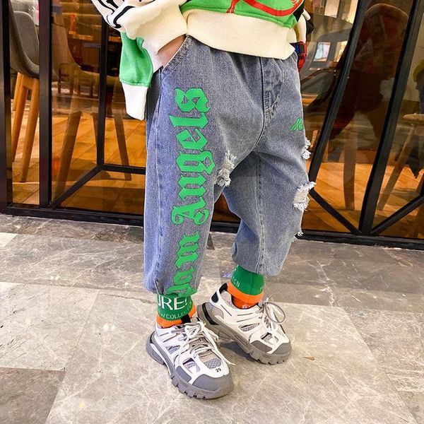 

boys' thread letter jeans children's casual pants trousers wear hole classic versatile, Blue