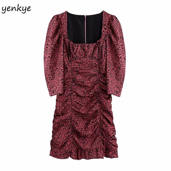 

casual dresses fall women vintage print draped fashion female square neck three-quarter sleeve hem ruffle autumn mini dress vestido, Black;gray