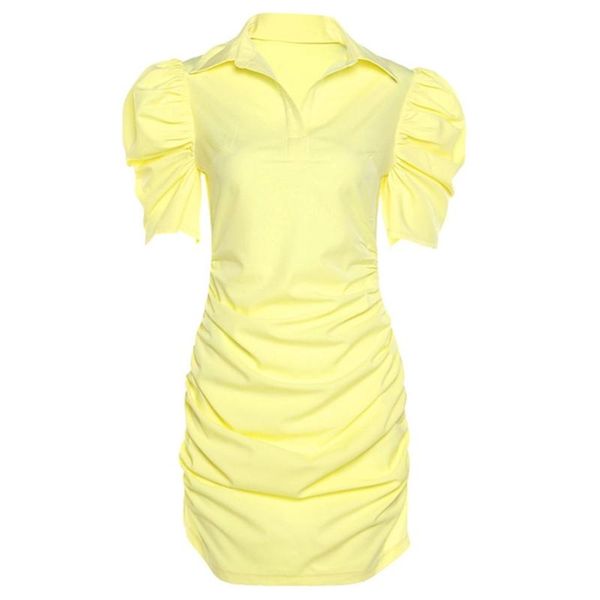 

casual dresses women puff short sleeve bodycon mini dress lapel v-neck ruched clubwear, Black;gray