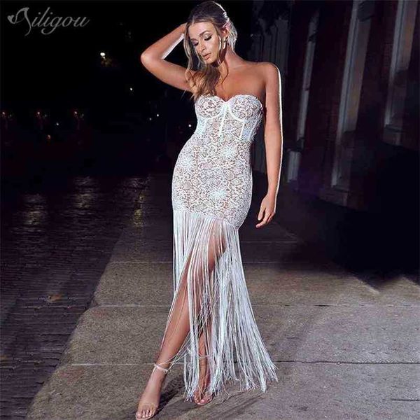 Yaz Straplez Uzun Saçak Elbise Gece Parti Dantel Bayanlar Bodycon Saçaklı Beyaz Maxi Vestido 210525