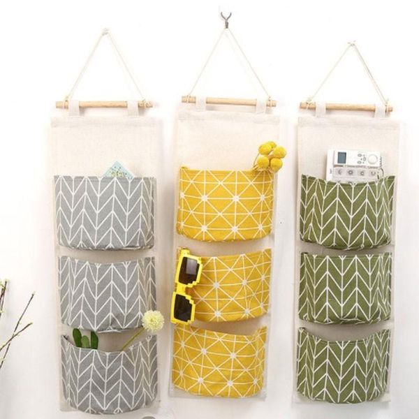 

hanging baskets wall mounted wardrobe organizer cotton linen multi-layer debris sundries kitchen household storage hook pouch bags