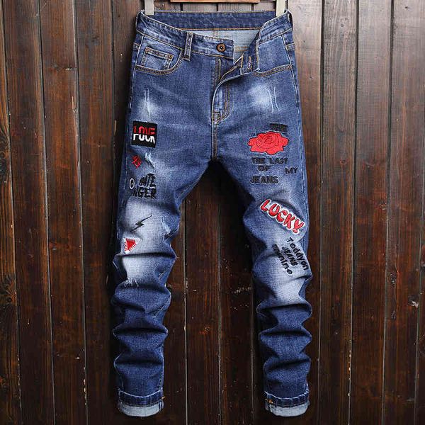 

men's slim jeans elastic embroidered leggings trend, Blue
