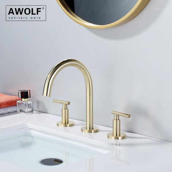 

bathroom sink faucets brushed gold basin faucet solid brass 3 holes dual handle and cold mablack mixer water tap ml81051